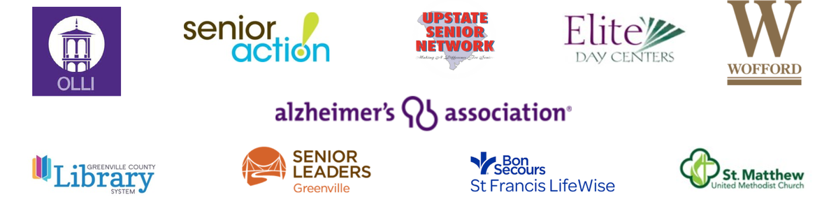 Image of Client Logos where Just Call Bill has conducted Senior Technology Seminars and Classes - OLLI, Wofford, Greenville Library System, Senior Leaders Greenville, Bon Secours LifeWise, St Matthew United Methodist Church, Upstate Senior Network, Elite Day Centers, Alzheimer's Association, and Senior Action
